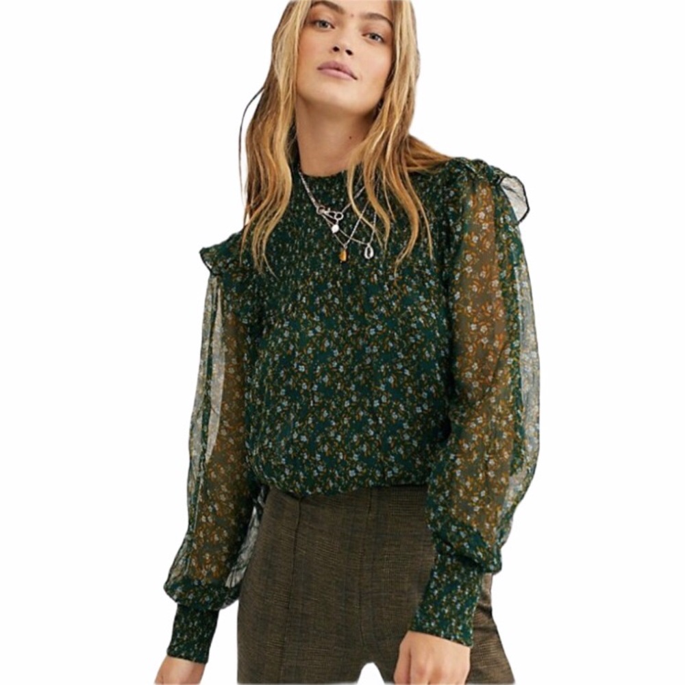 FREE PEOPLE Roma Ruffle Mock Neck Blouse Multi